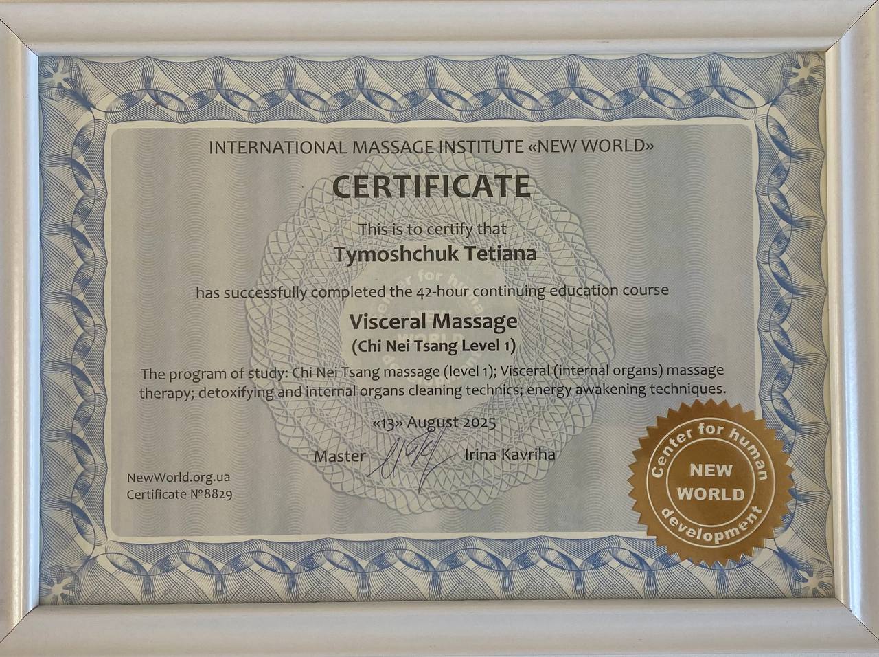 Certifikat o opravljenem tečaju visceralne masaže