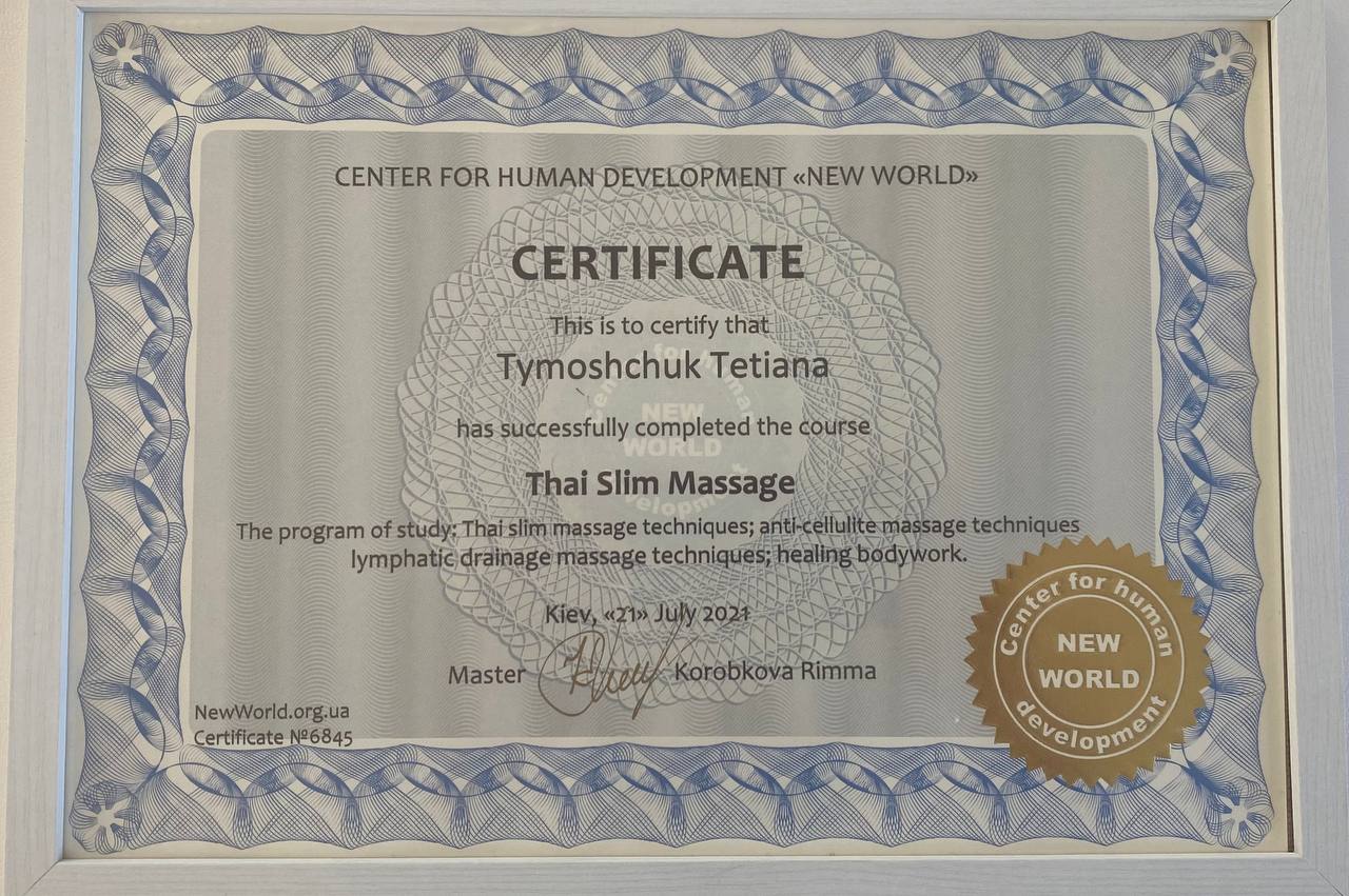Certifikat o opravljenem tečaju Thai Slim masaže.