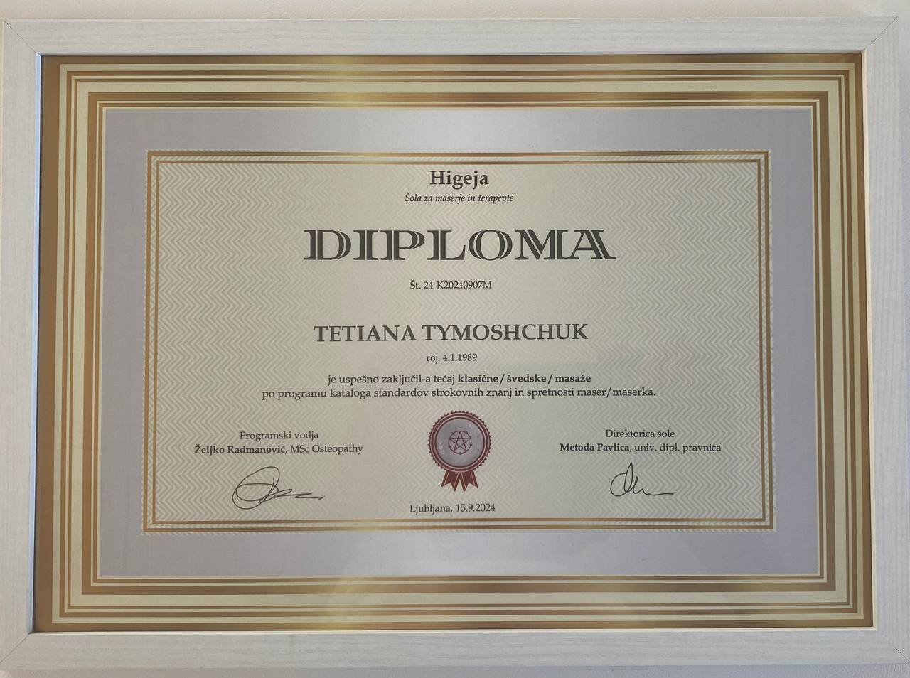 Diploma o opravljenem tečaju klasične in švedske masaže